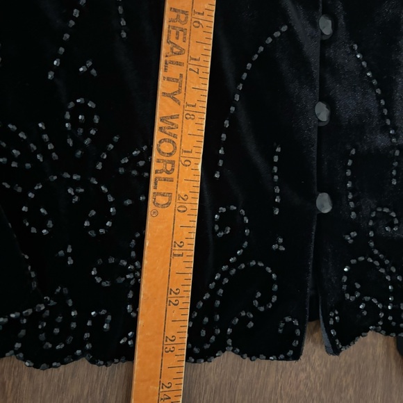 J R Nites by Carol Lin Velvet Black Beaded Women's Blouse Top Sheer Sleeves - Picture 11 of 11